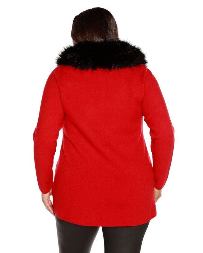 FAUX FUR COLLAR CARDIGAN, Belldini Red / Red, alternate image number 1