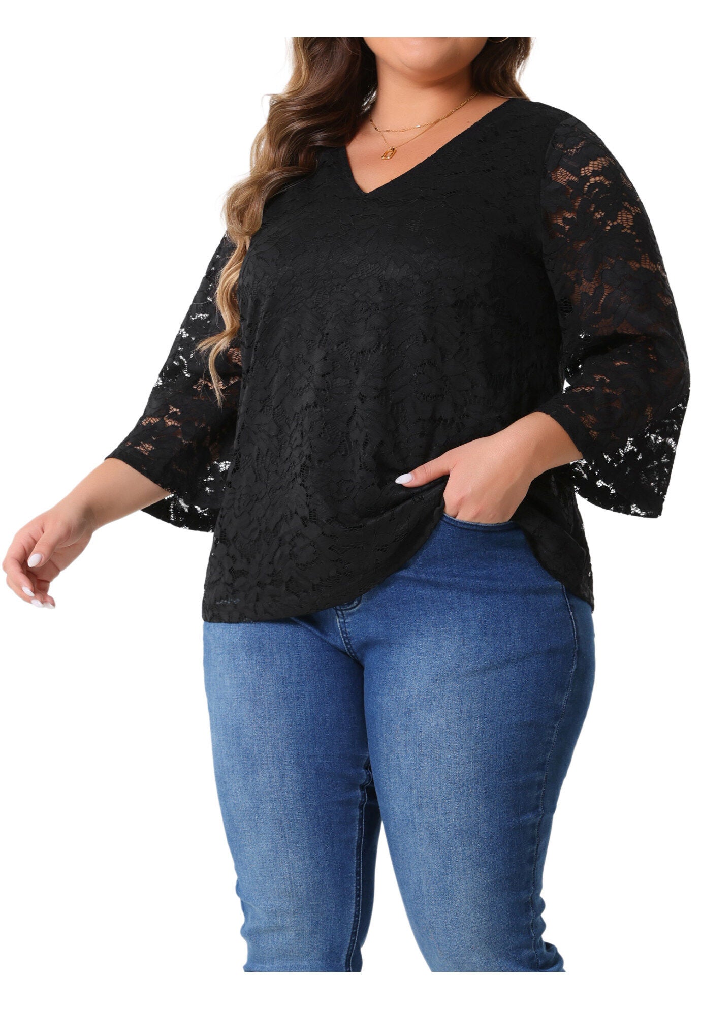 3/4 Bell Sleeve V Neck Elegant Floral Lace Blouse, Black / Black, alternate image number 4