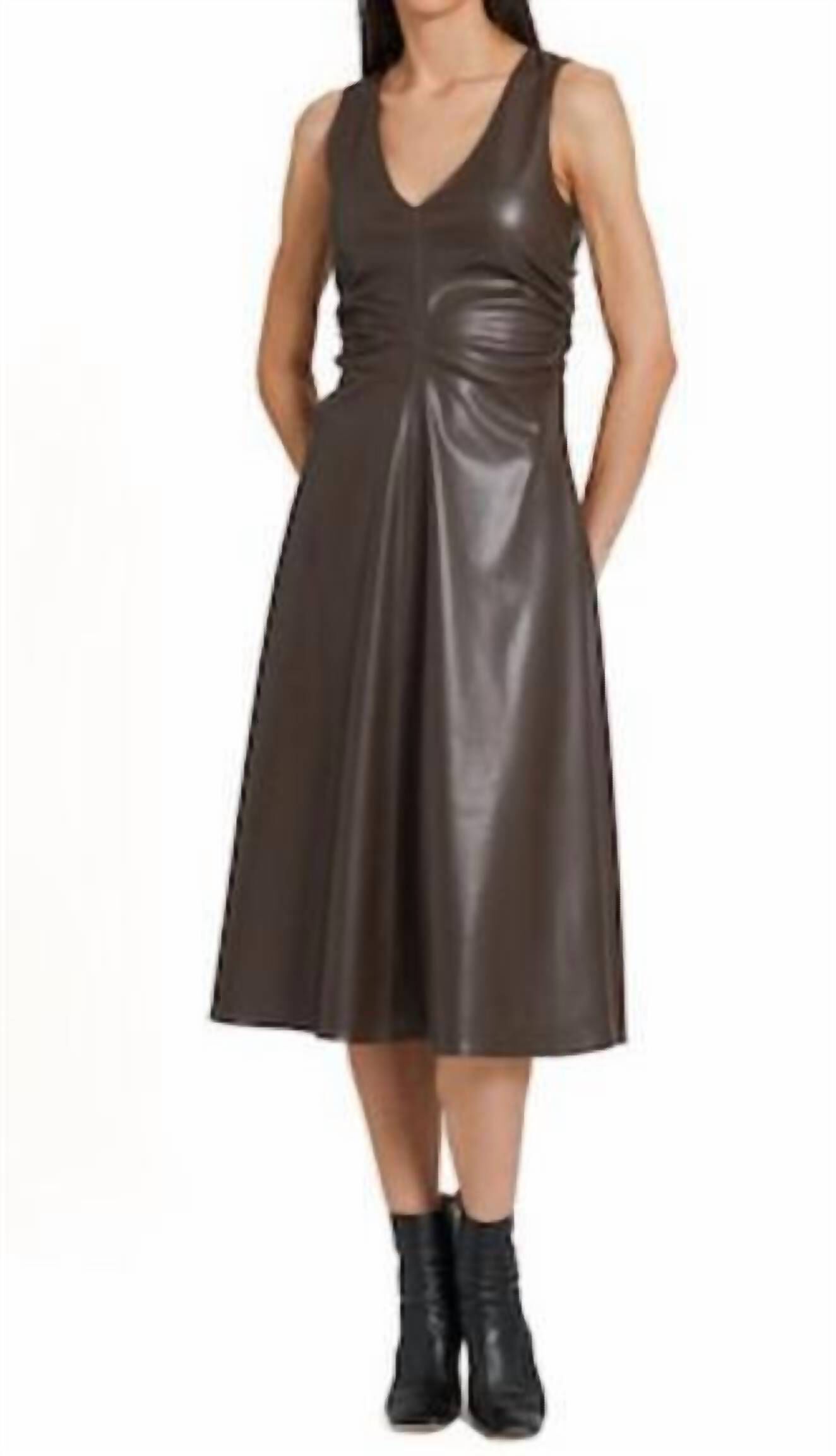 SABAL FAUX LEATHER MIDI DRESS IN CHOCOLATE, Chocolate / Brown, alternate image number 4
