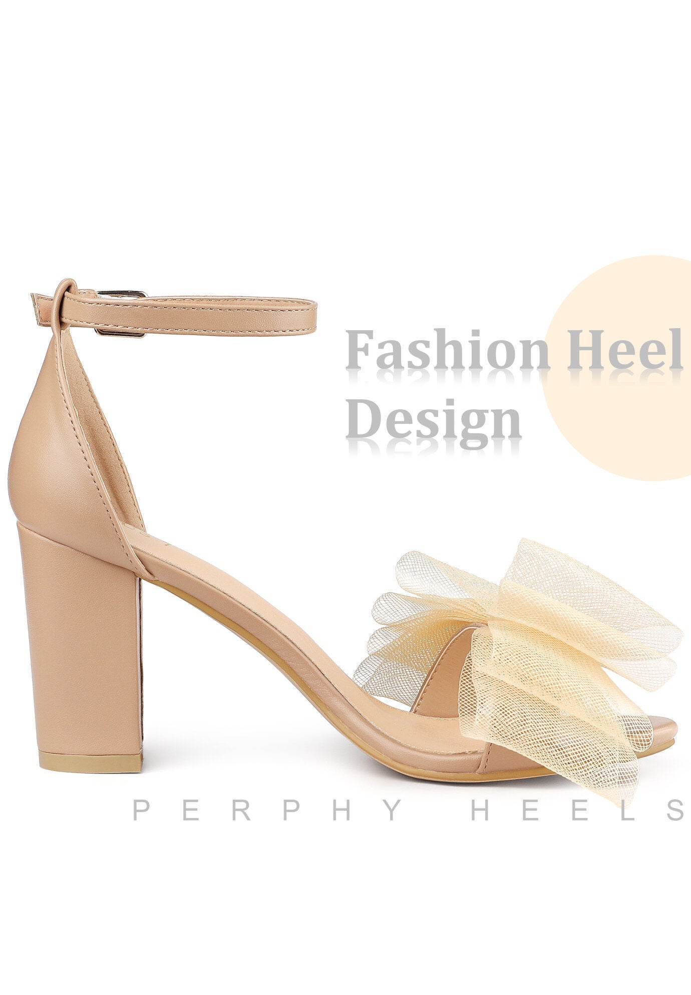 Bow Tie Ankle Strap Chunky High Heels Sandals, Nude / Beige, alternate image number 3