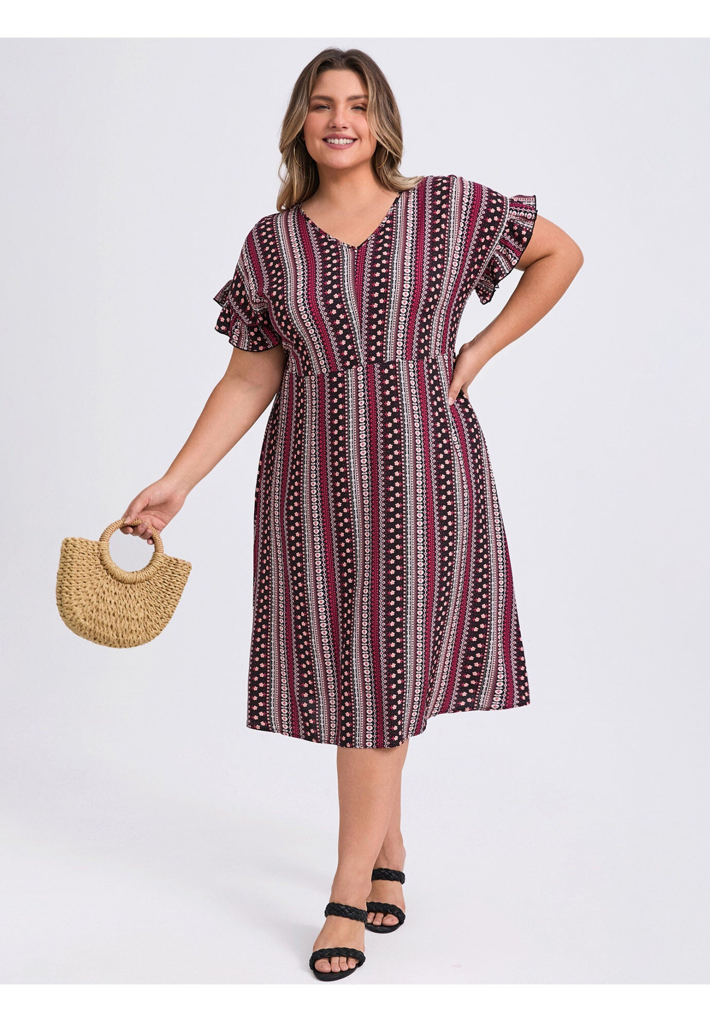 Boho Floral Stripe V Neck Ruffle Sleeve Flowy Midi Dress with Pockets, Berry Red / Red, alternate image number 1