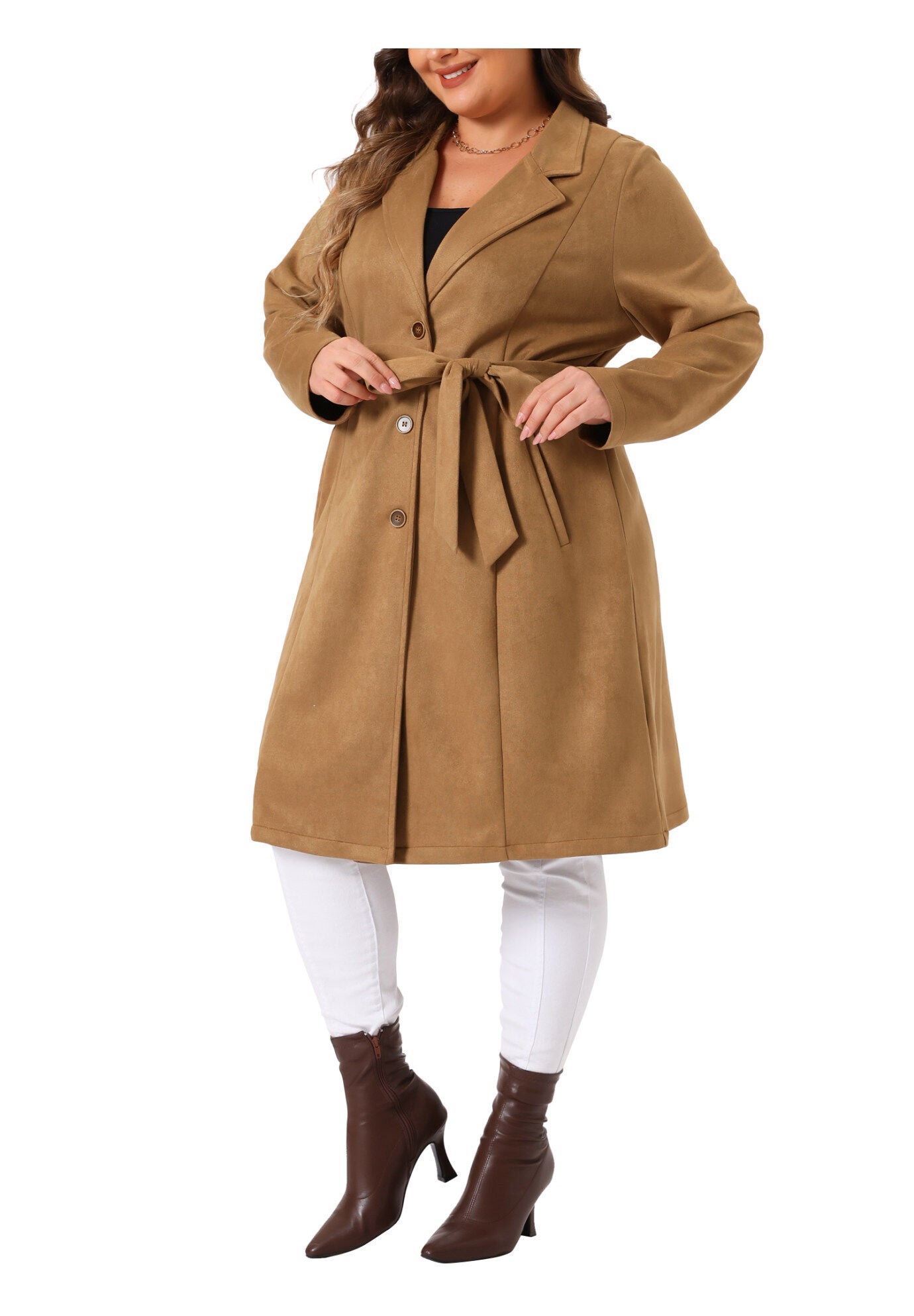 NOTCH LAPEL FAUX SUEDE LONG TRENCH COAT, Brown / Brown, alternate image number 1