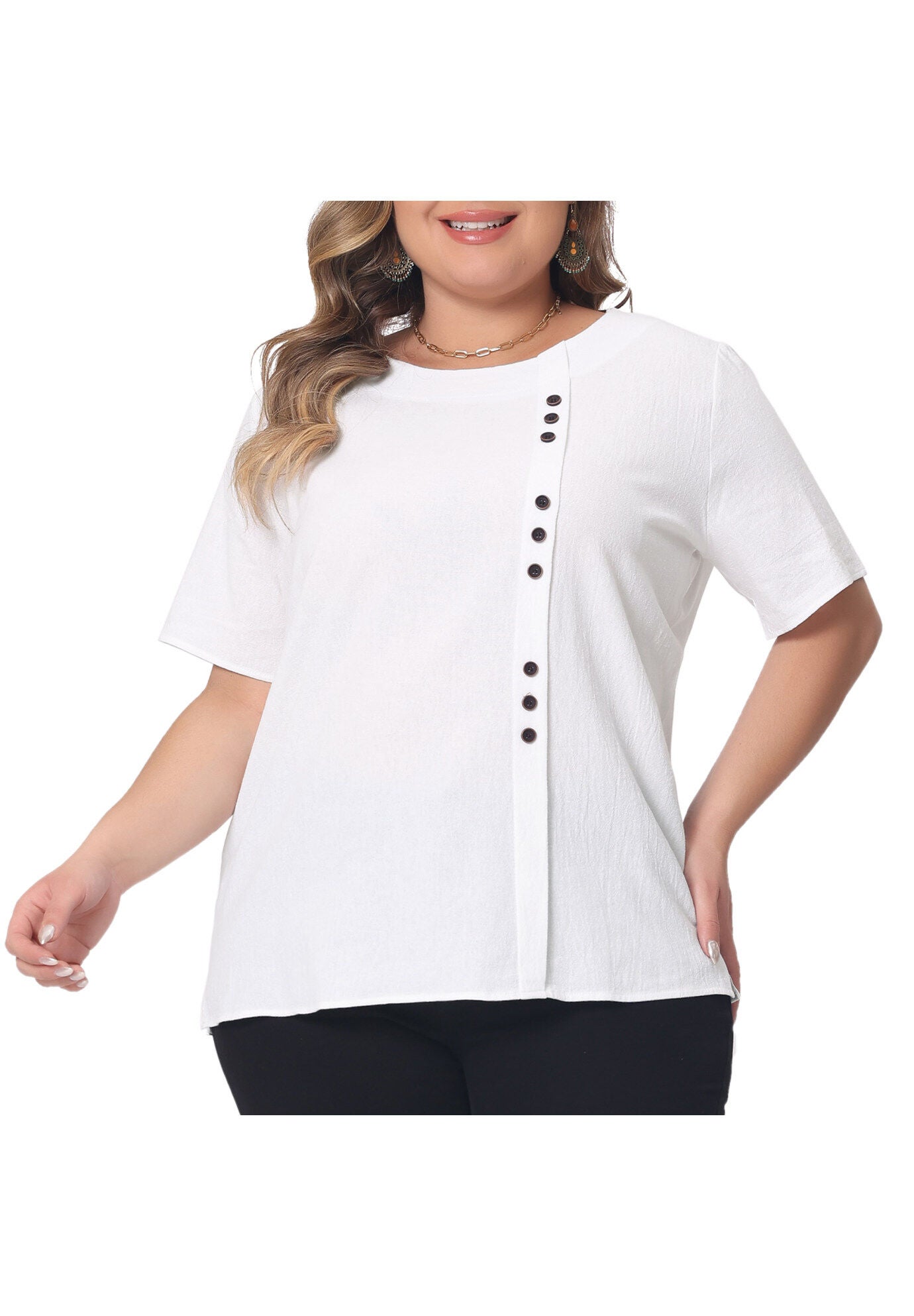 Short Sleeve Round Neck Cotton Linen T-Shirt Top, White / White, alternate image number 3