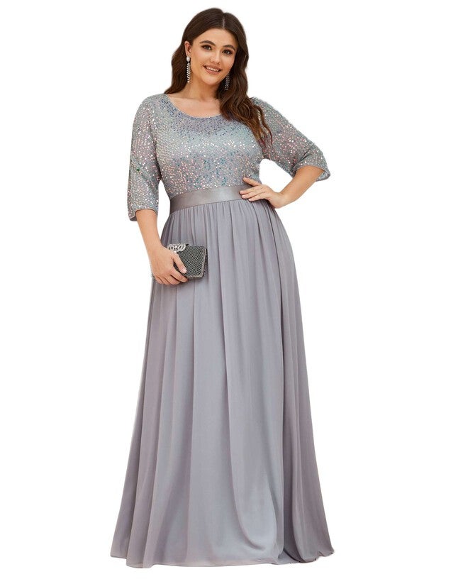 3/4 Sleeves Round Neck Evening Dress With Sequin Bodice, Silver / Silver, alternate image number 4