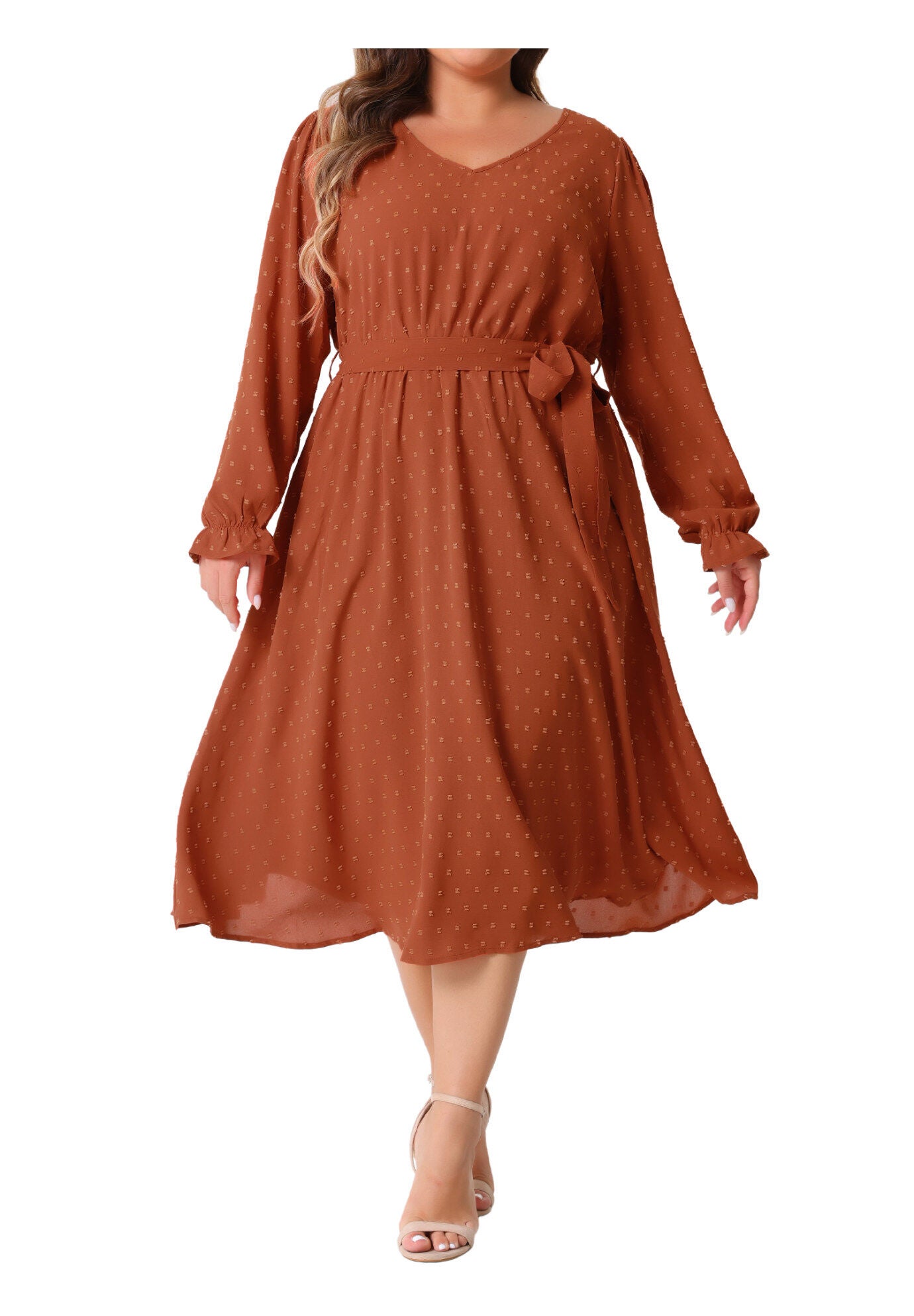 Swiss Dot V Neck Tie Belt A Line Flowy Midi Dresses with Pockets, Orange / Orange, alternate image number 1