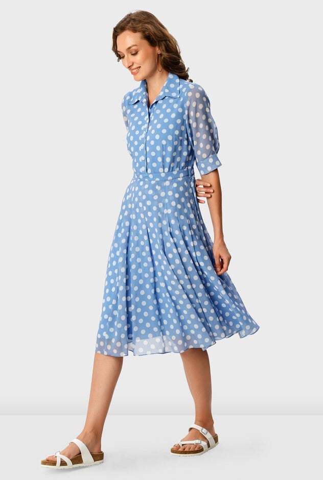 Polka dot print georgette shirtdress, Blue / White, alternate image number null