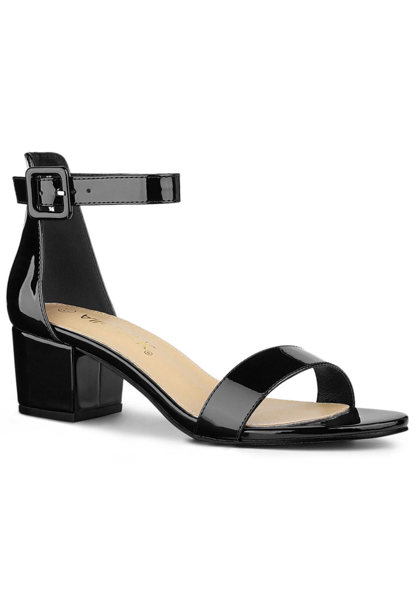 Open Toe Low Block Heel Ankle Strap Sandals, Black Patent / Black, hi-res image number 0
