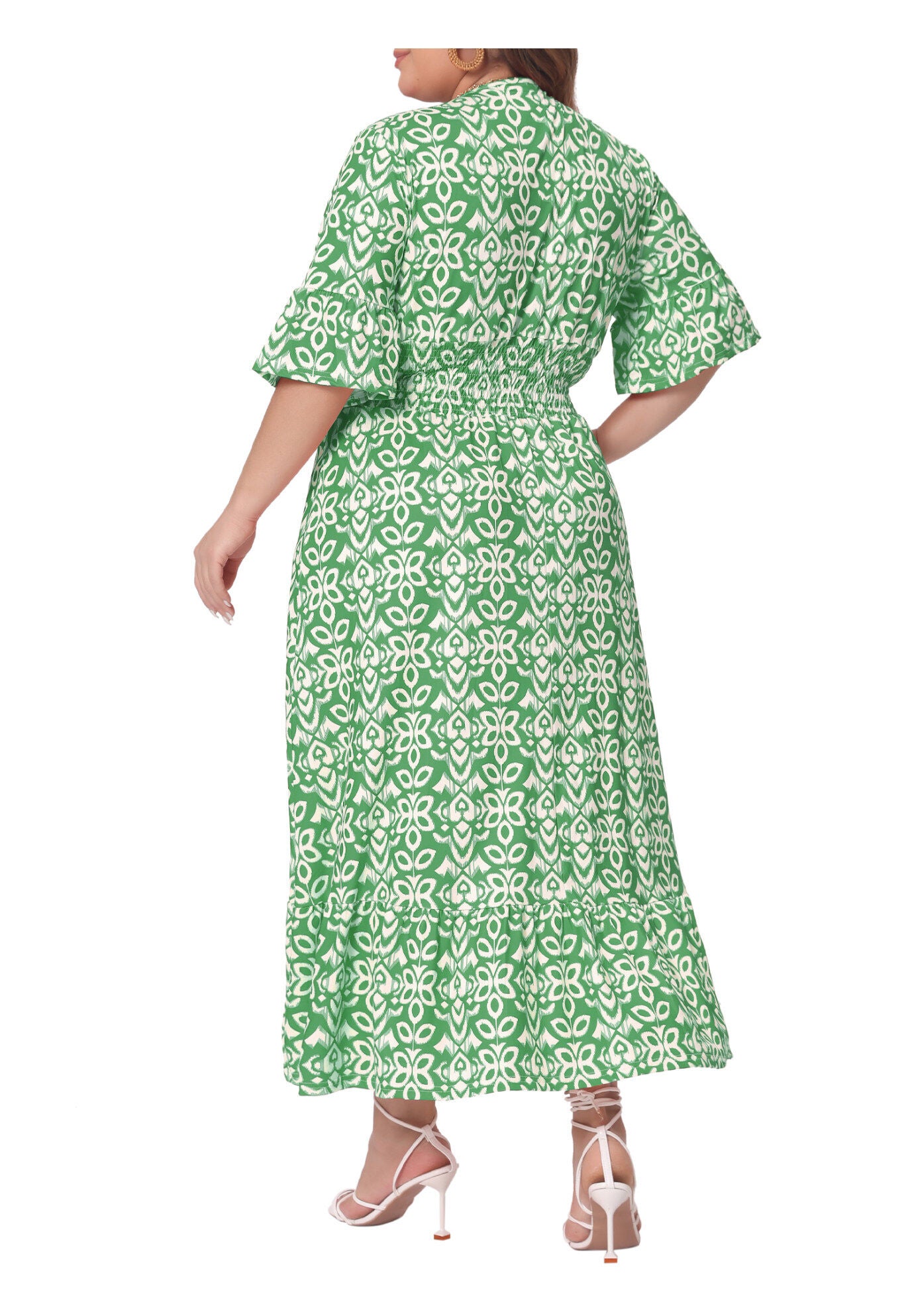 Bell Sleeve Ruffled Hem V Neck Short Sleeve Boho A Line Long Dress, Green / Light Green, alternate image number 3