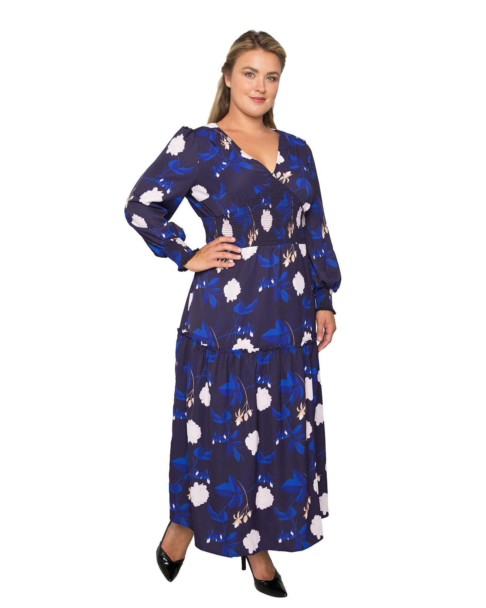 Plus Size Zina Smocked Waist Long Sleeve Maxi Dress, Midnight Blooms Print / Navy, alternate image number 1
