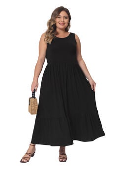 Sleeveless Swing Flowy Summer Maxi T-Shirt Dress with Pockets