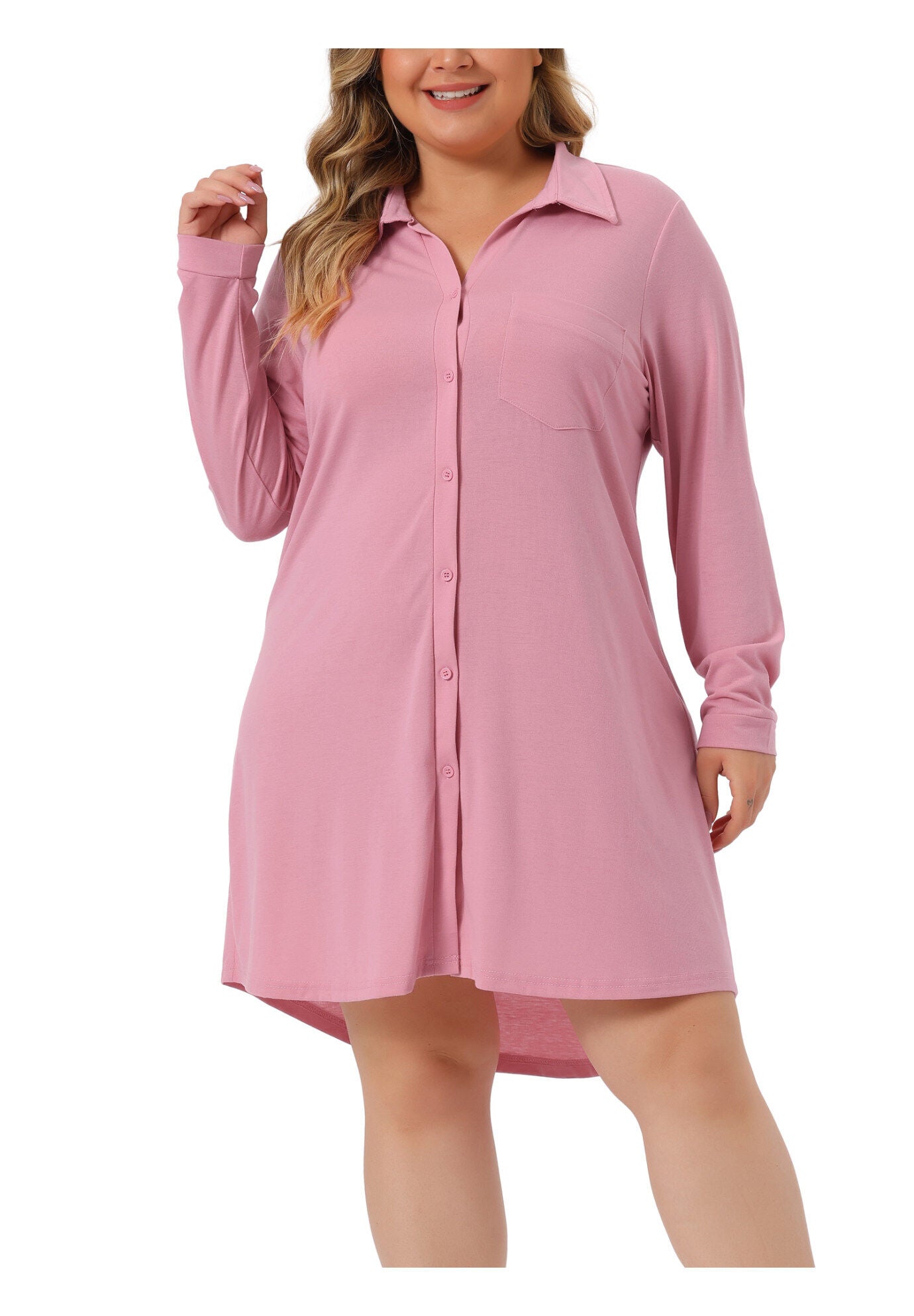 Long Sleeve Button Down Nightshirt V-Neck Sleepwear, Pink / Pink, alternate image number 1