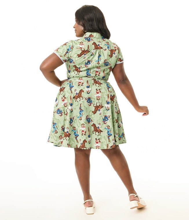 Unique Vintage Plus Size Western Pin-Ups Cotton Fit & Flare Dress, Light Green / Light Green, alternate image number null