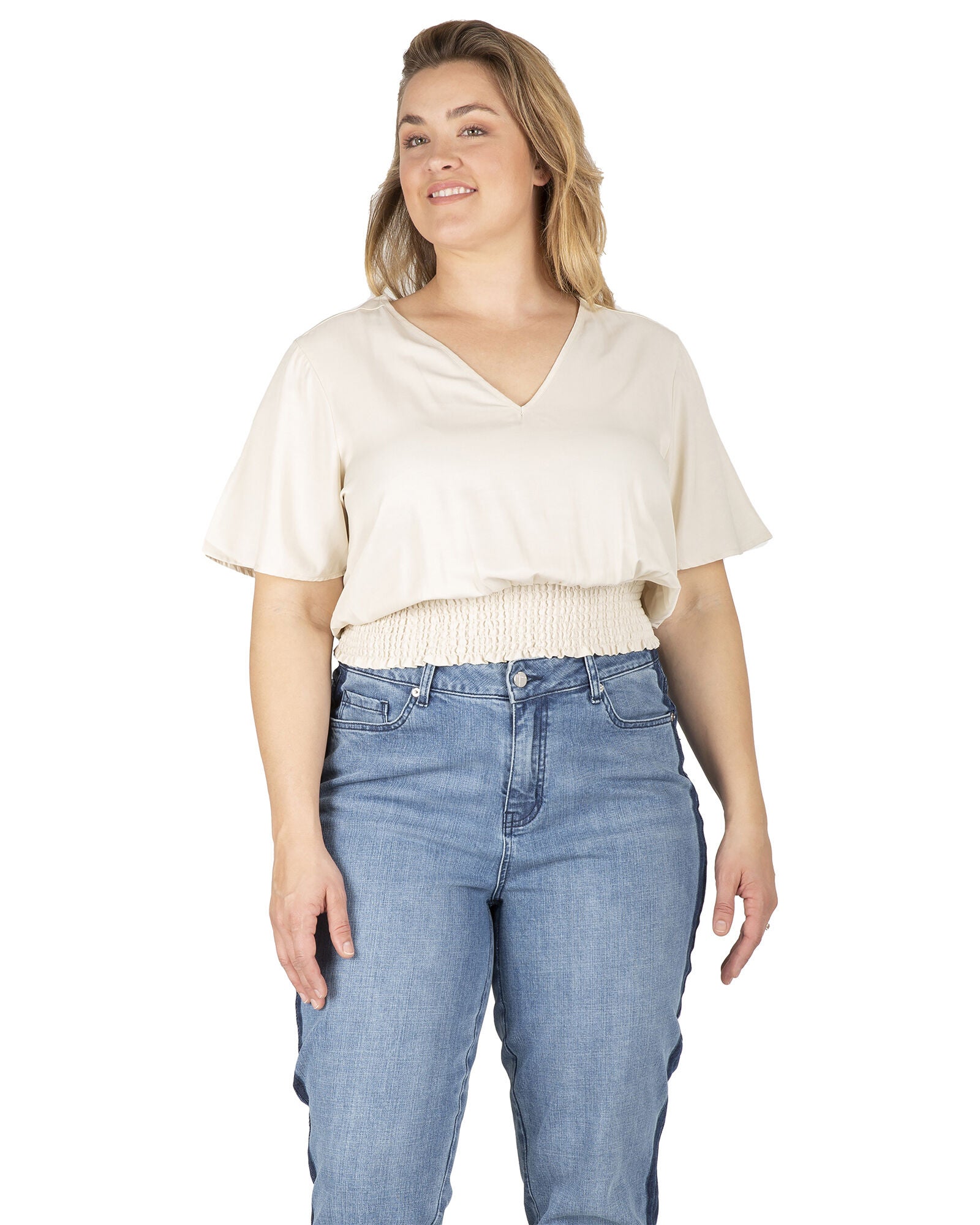 Allie Standards & Practices Women&#39;s Plus Size V Neck Short Sleeve Smocking Waist Blouse, Beige / Ivory, alternate image number 3