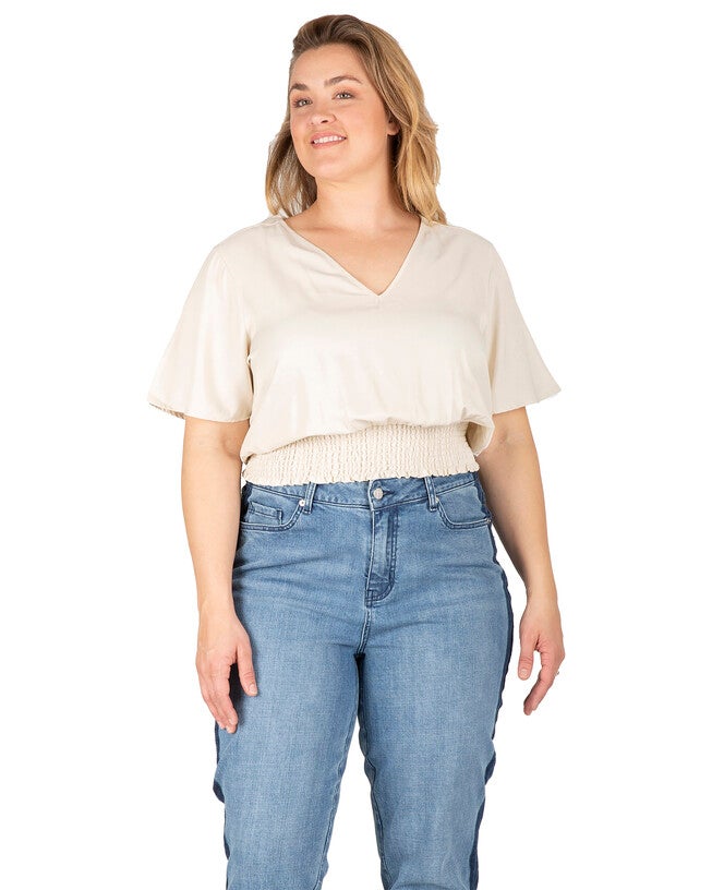 Allie Standards & Practices Women's Plus Size V Neck Short Sleeve Smocking Waist Blouse, Beige / Ivory, alternate image number 3