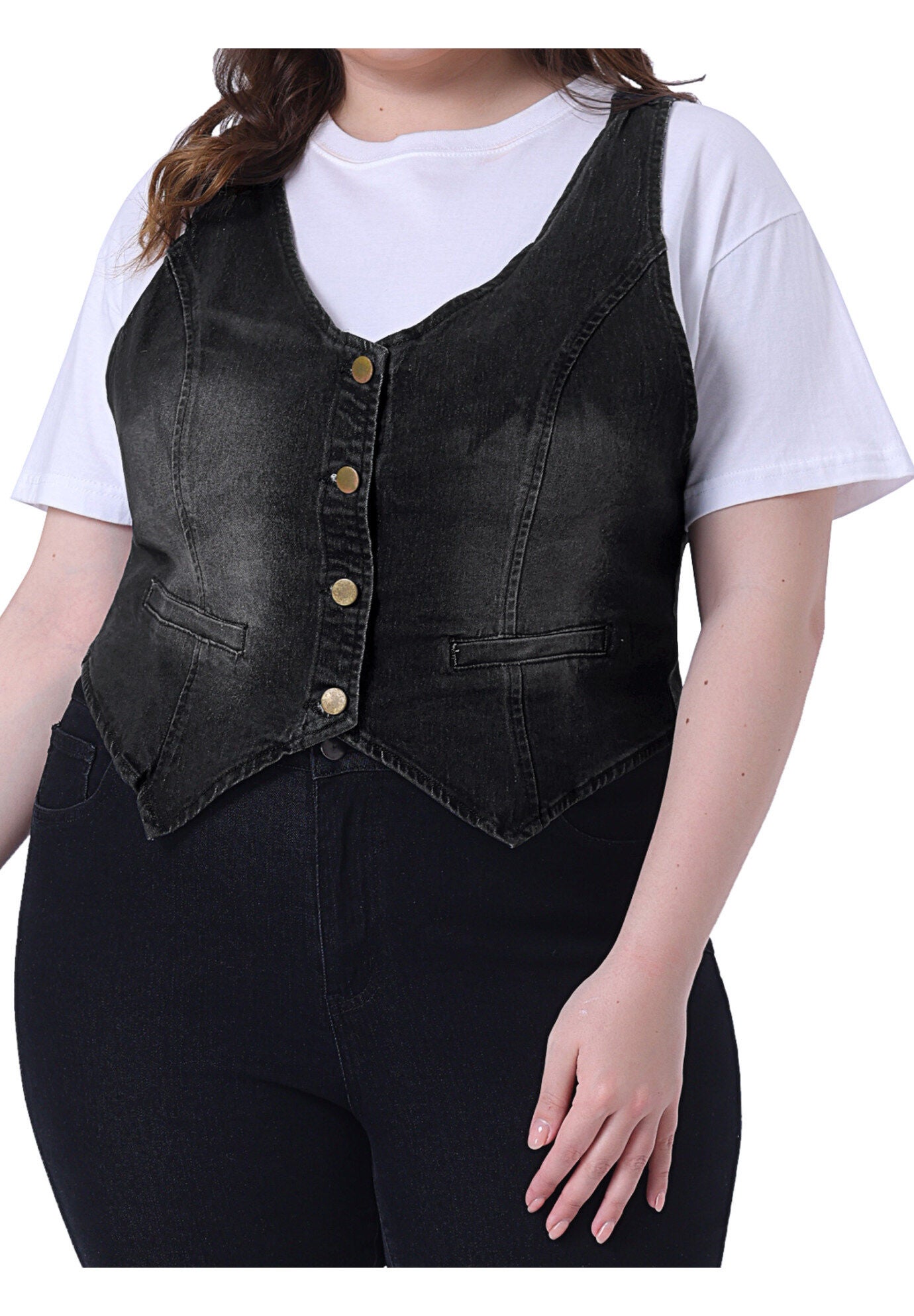 BUTTON DOWN SLEEVELESS JEAN WAISTCOAT VEST, Black / Black, alternate image number 2