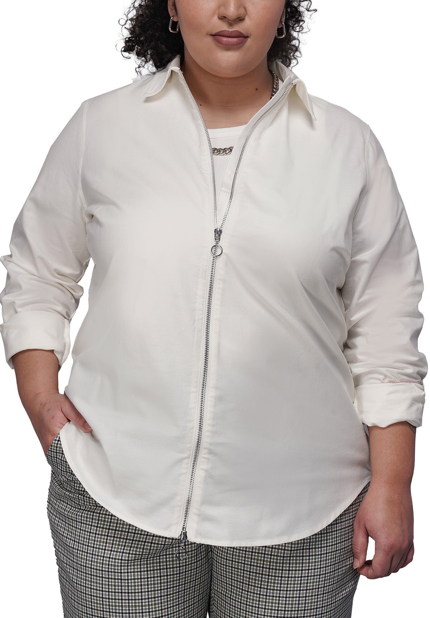 The Essential Long Sleeve Oxford Zip Up Shirt, WHITE / White, hi-res image number 0