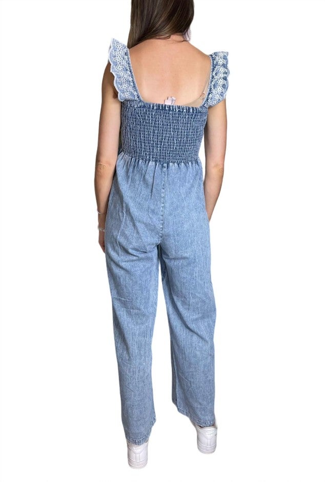 Denim Smocked Top Jumpsuit, Blue / Azure Blue, alternate image number null
