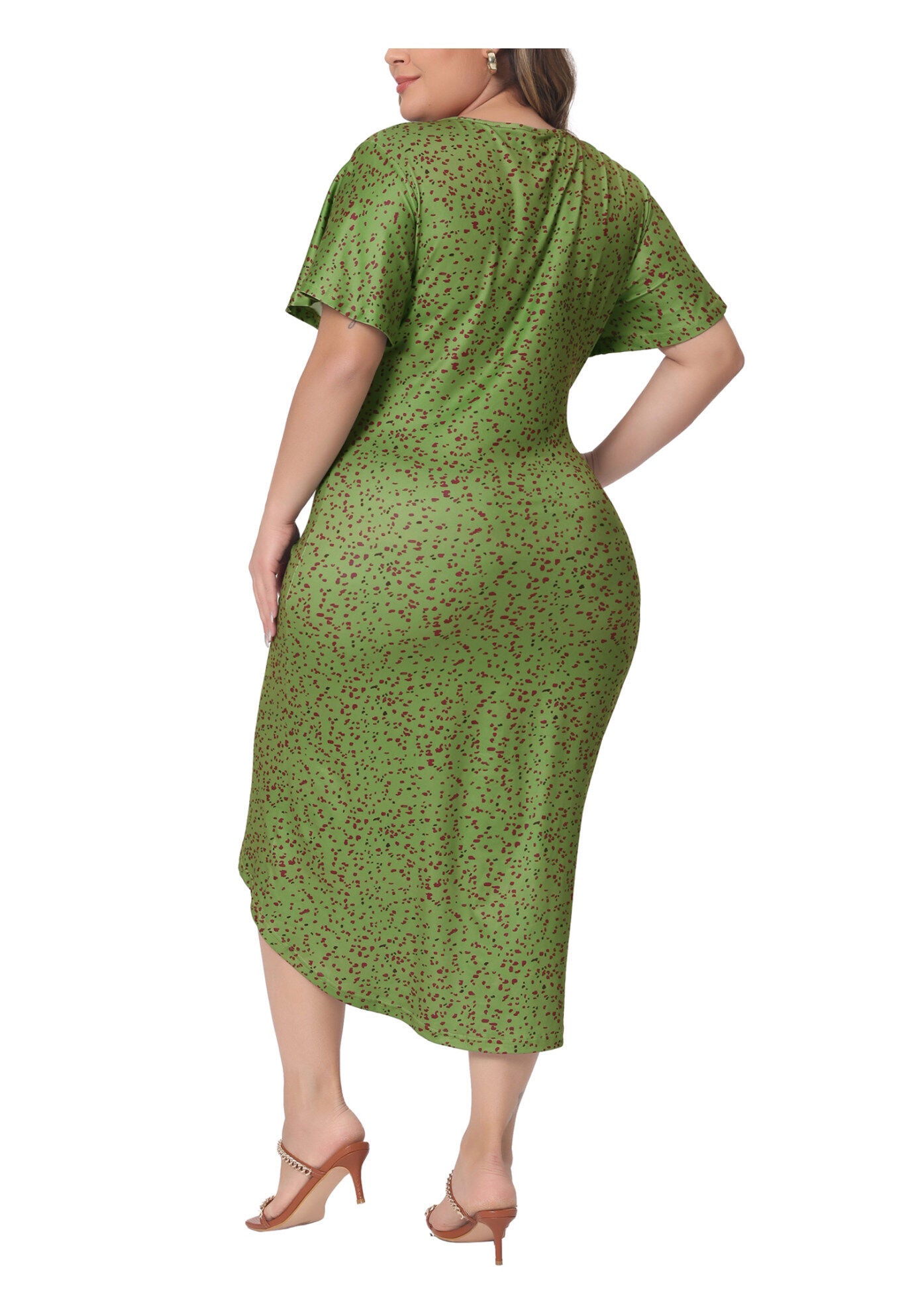 Polka Dots Ruched Round Neck Short Sleeve Wedding Cocktail Bodycon Dress, Green / Forest Green, alternate image number 3