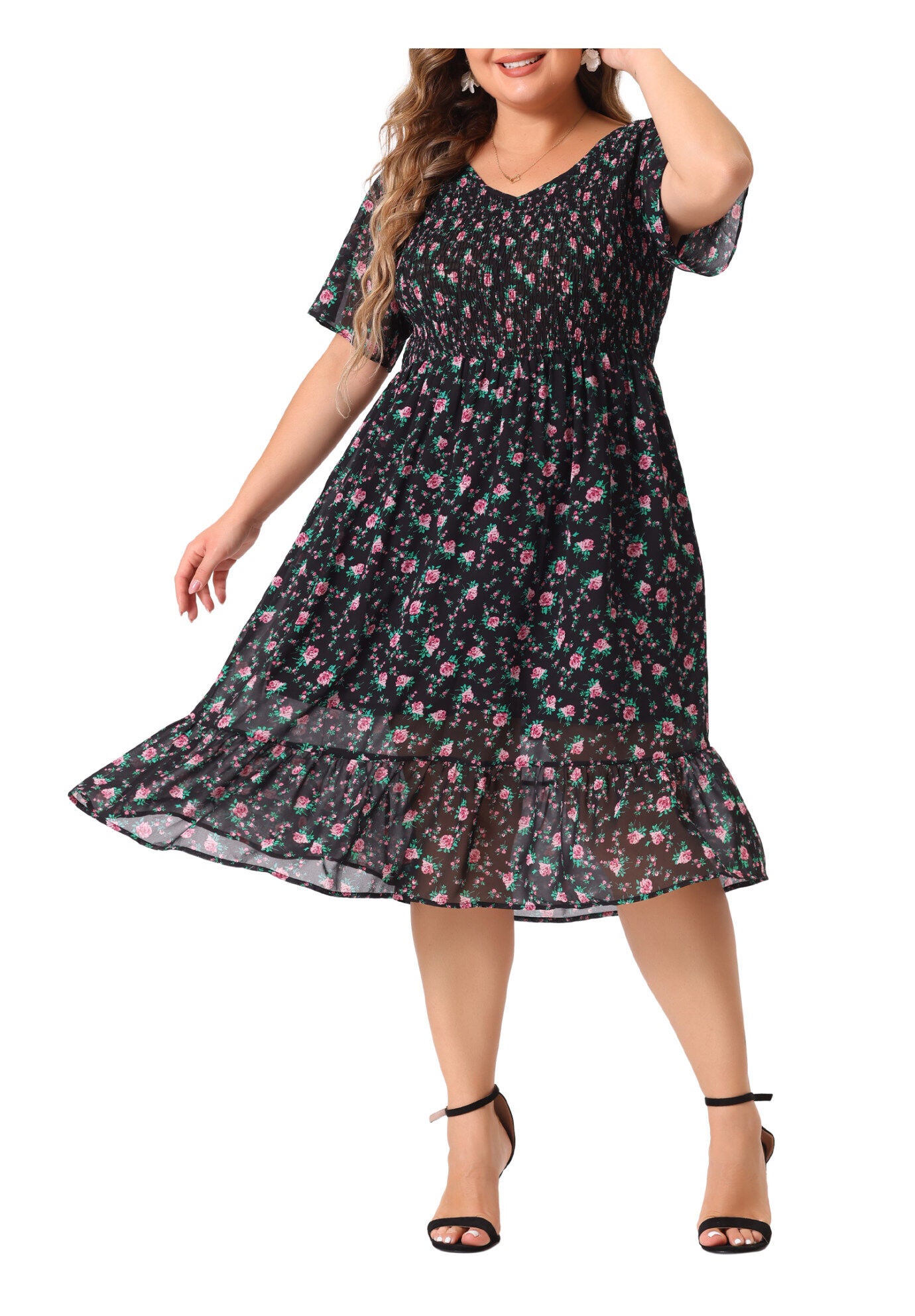 Flare Smock Ruffle Chiffon Floral Midi Dress, Black Pink / Black, alternate image number 2