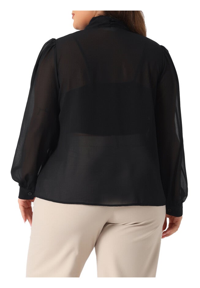 Sheer Chiffon Bow Tie Neck Long Sleeve See Through Mesh Shirt, Black / Black, alternate image number 3
