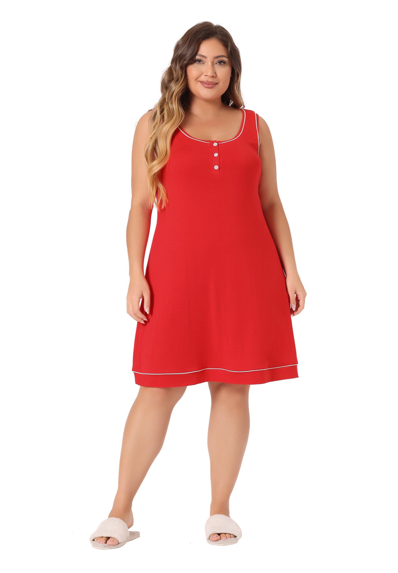 Sleeveless Round Neck Lounge Sleep Dress, Red / Red, hi-res image number 0