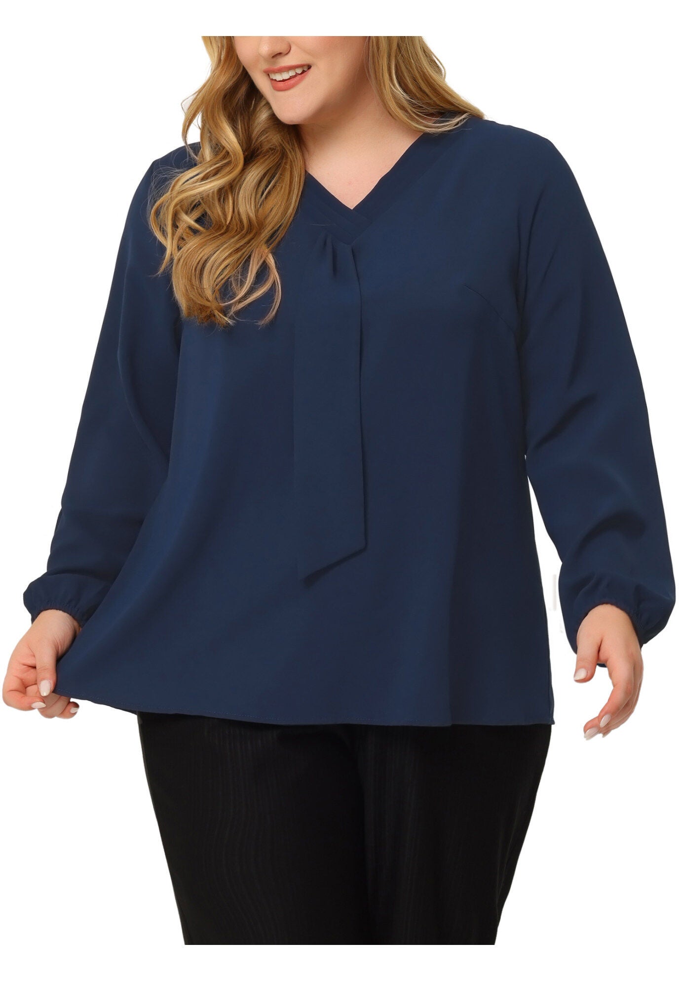 V Neck Long Sleeve Ruffle Tie Front Office Work Chiffon Blouse Top, Dark Blue / Navy, alternate image number 2