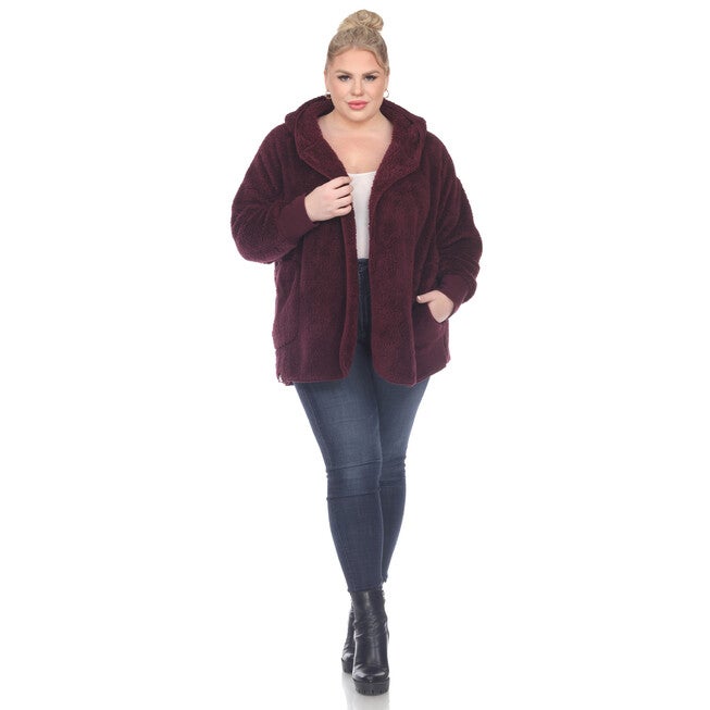 Plush Hooded Cardigan with Pockets, Purple / Purple, alternate image number 3