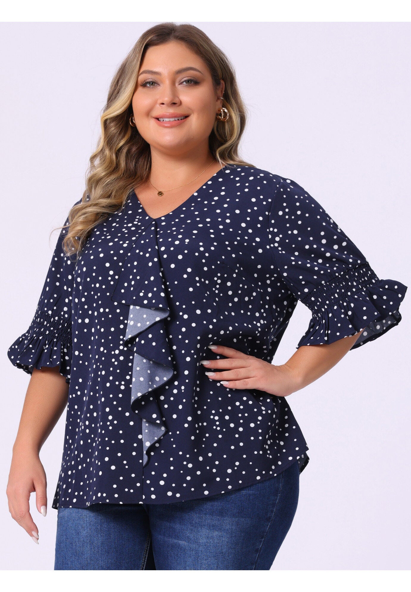 Ruffle Blouse V Neck Smocked Sleeves Top, Dark Blue / Navy, alternate image number 1