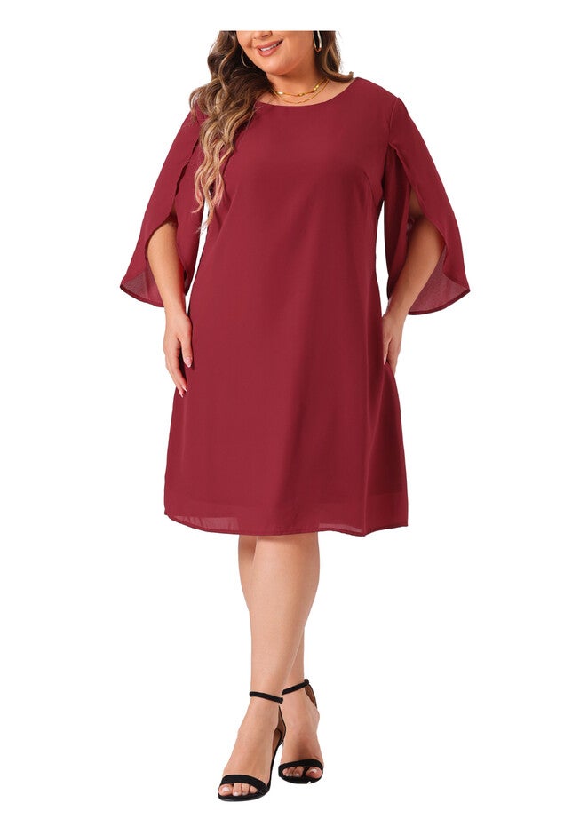 Crew Neck 3/4 Flutter Sleeve Cocktail Chiffon Dress, Burgundy / Burgundy, alternate image number 2
