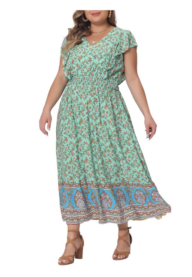 V Neck Ruffle Sleeve Boho Floral Maxi Long Dress, Mint Green / Mint, alternate image number 4