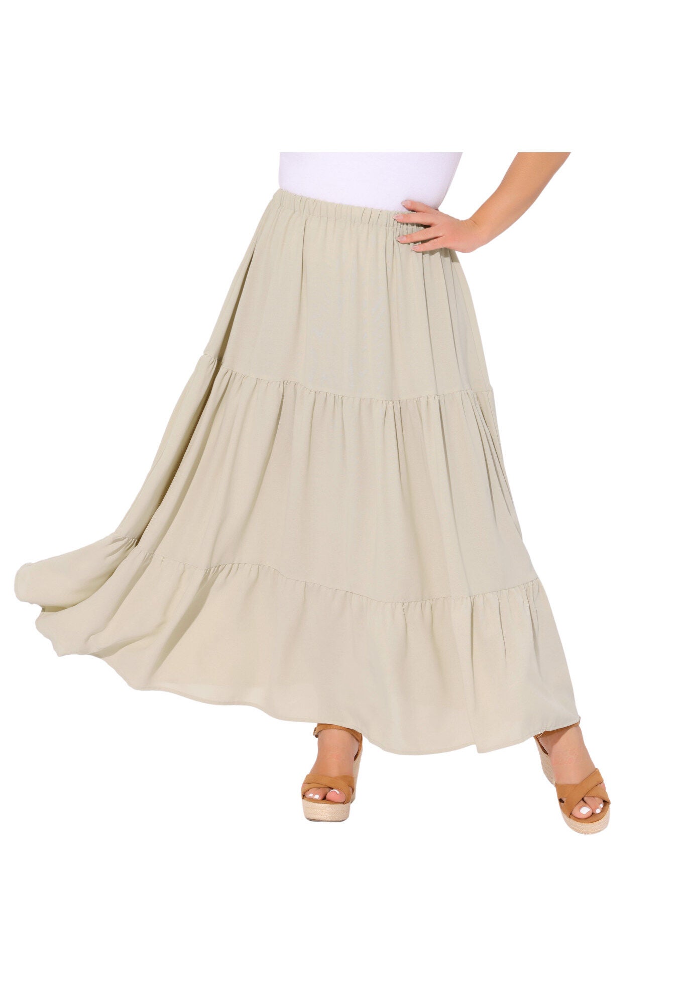 Elastic High Waist Boho Flowy A Line Long Swing Maxi Skirt, Beige / Beige, alternate image number 1