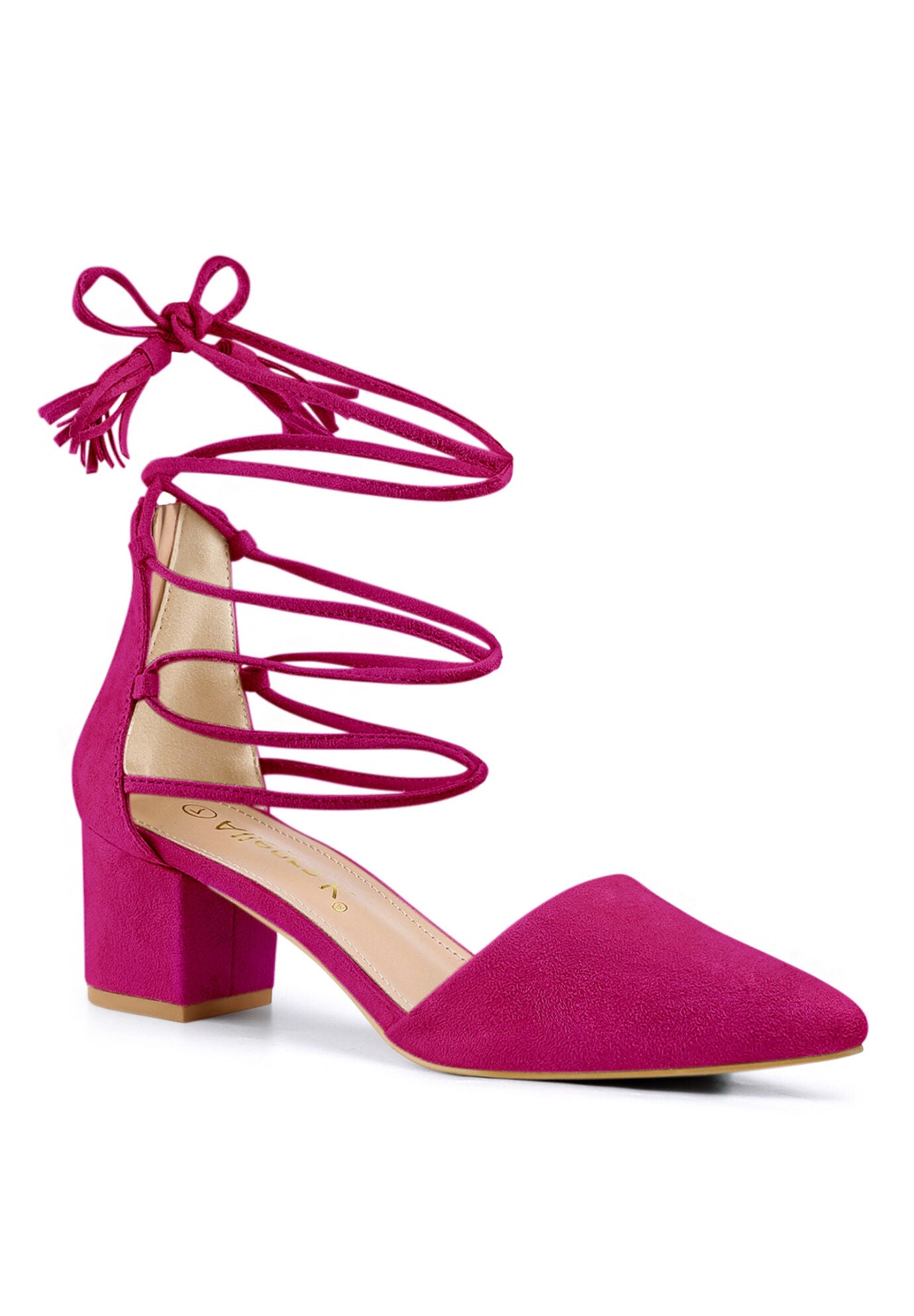 Pointed Toe Block Heels Lace Up Pumps, Hot Pink / Pink, hi-res image number 0