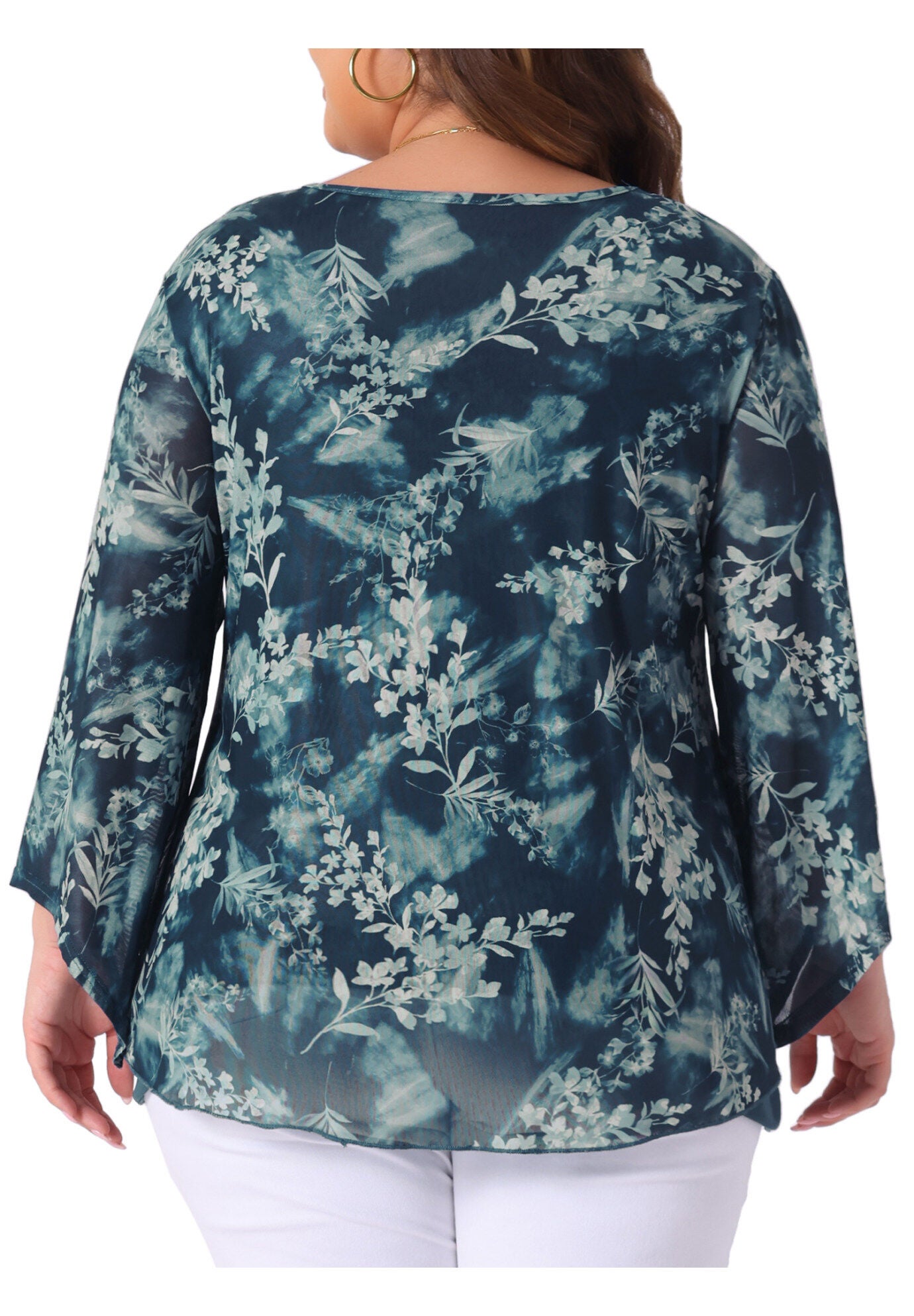 V Neck Mesh Flowy 3/4 Flared Sleeve Tunic Blouse Top, Cyan / Teal, alternate image number 3