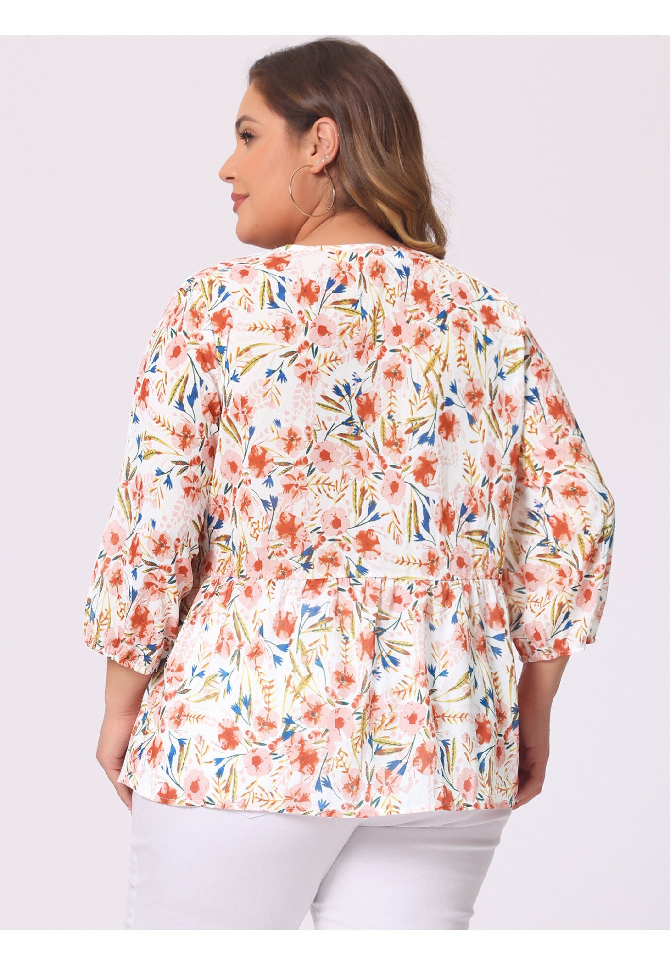 V Neck Babydoll Flowy 3/4 Lantern Sleeve Floral Blouse, White Pink / White, alternate image number 3