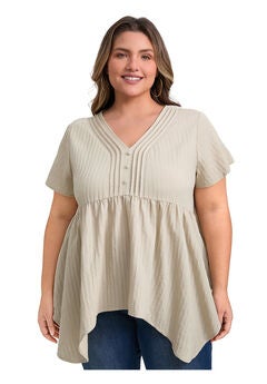 Texture Short Sleeve Pintuck Blouse Button Decor Hanky Asymmetric Hem Top