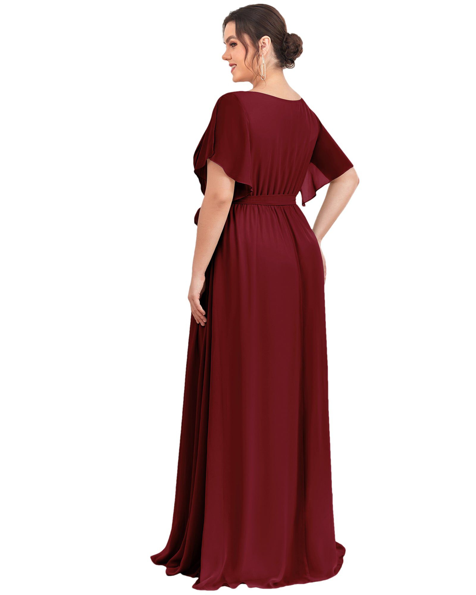 A-Line Pleated Chiffon Tie-Waist Evening Dress, Burgundy / Burgundy, alternate image number 1