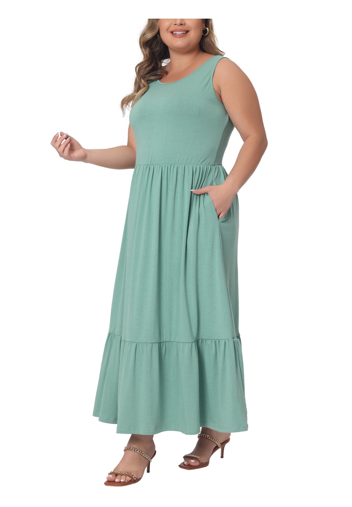 Sleeveless Swing Flowy Summer Maxi T-Shirt Dress with Pockets, Mint Green / Black, alternate image number 1