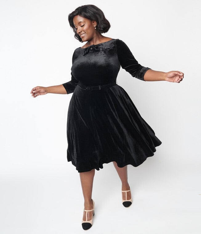 Unique Vintage Black Velvet Faux Bow Devon Swing Dress, Black / Black, hi-res image number 0