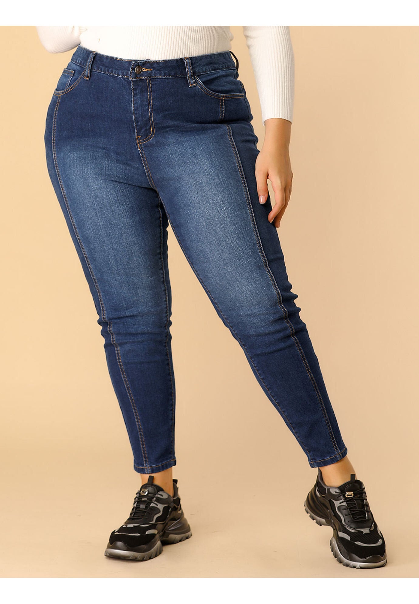 MID RISE STRETCH WASHED SKINNY JEANS DENIM JEGGINGS, Dark Blue / Navy, alternate image number 1