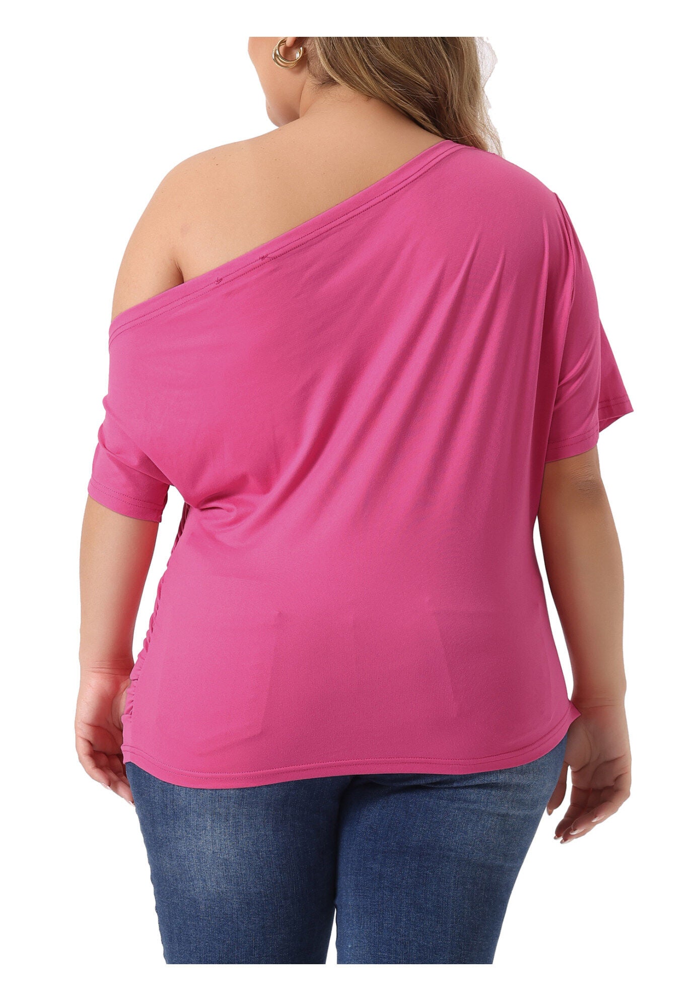 ONE SHOULDER SHORT SLEEVE RUCHED TOP, Hot Pink / Pink, alternate image number 3
