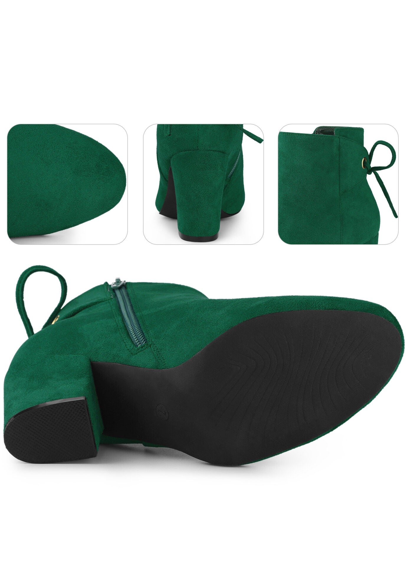 Round Toe Lace Up Back Chunky High Heels Ankle Boots, Emerald Green / Forest Green, alternate image number 2