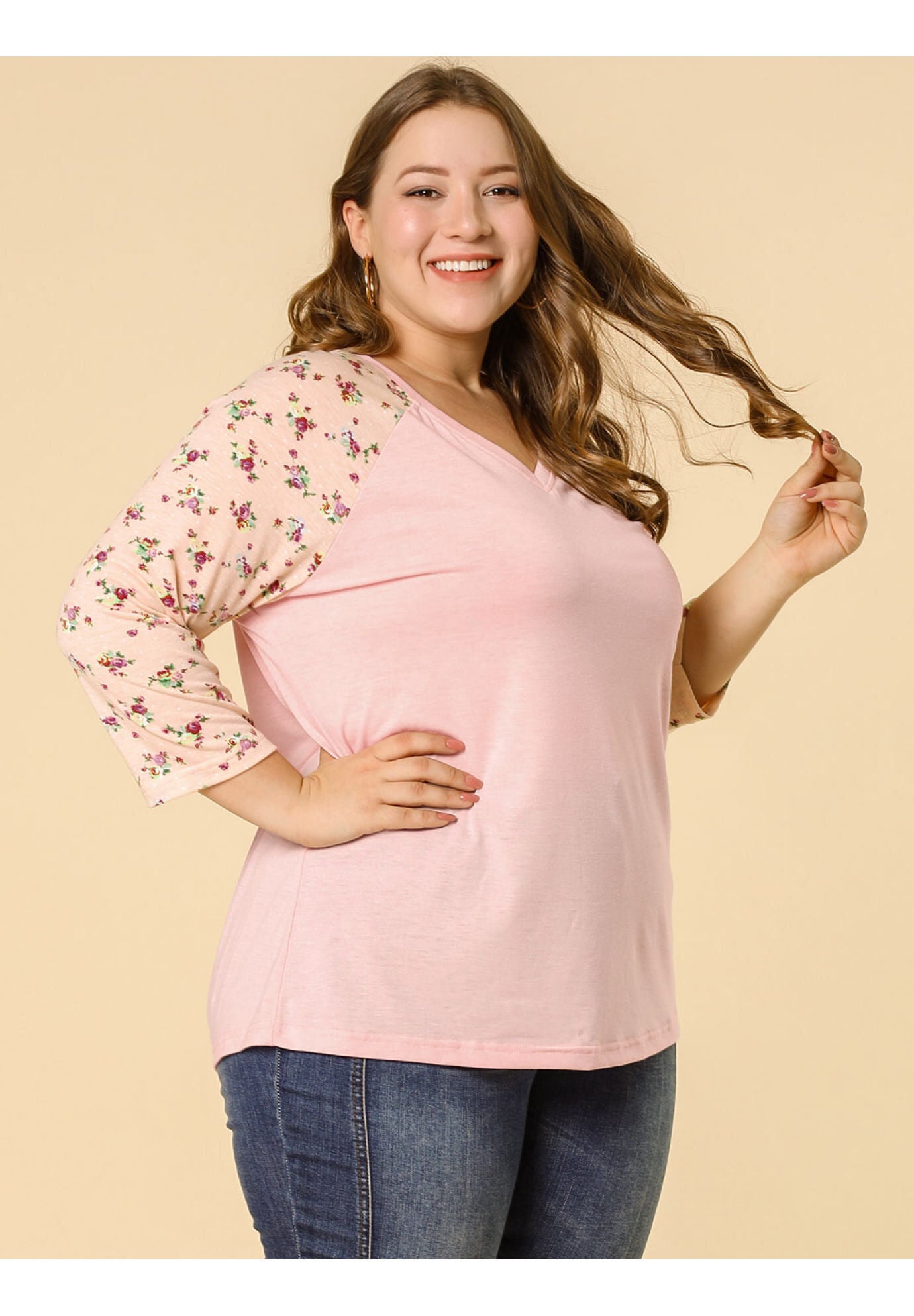 Casual V Neck 3/4 Sleeve Floral Raglan Top, Pink / Pink, alternate image number 3