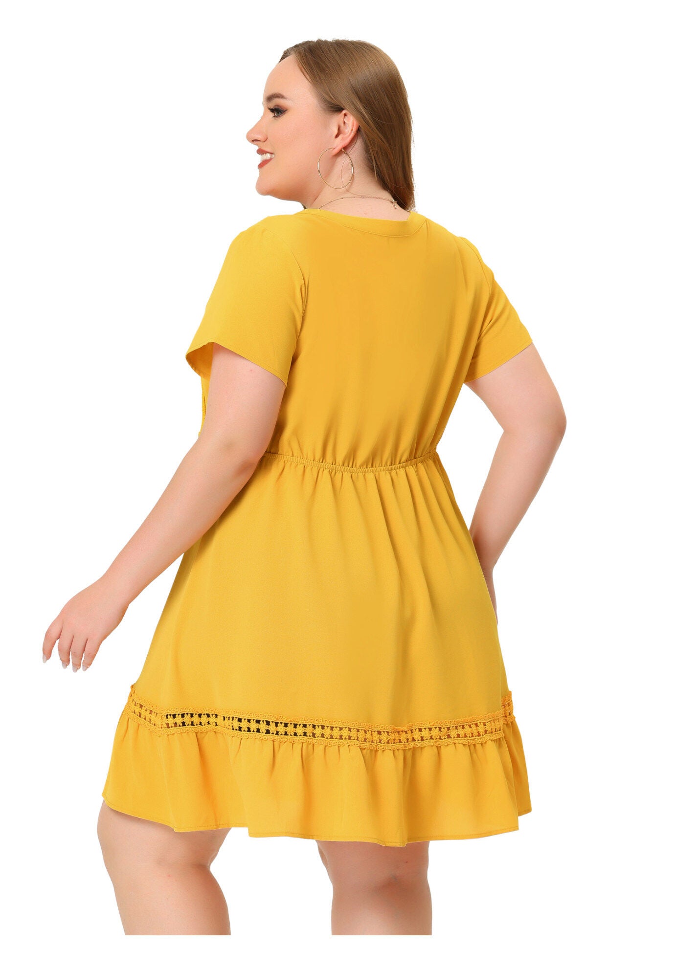 Button V Neck Summer Midi Ruffle A Line Swing Dress, Yellow / Yellow, alternate image number 3