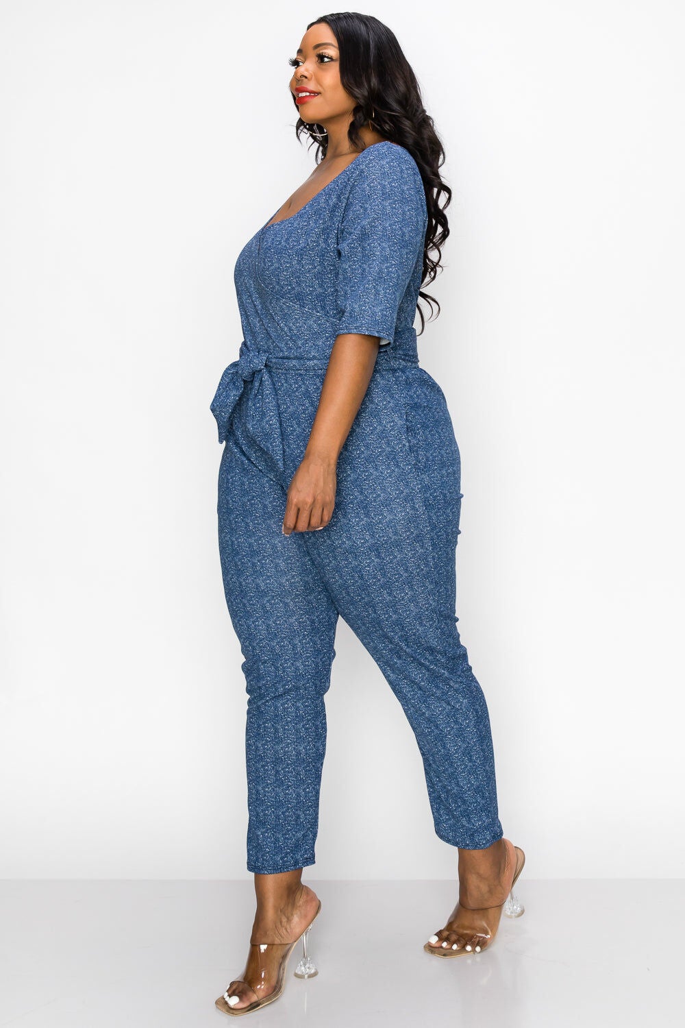 WRAP DENIM JUMPSUIT, Navy Blue / Navy, alternate image number 1