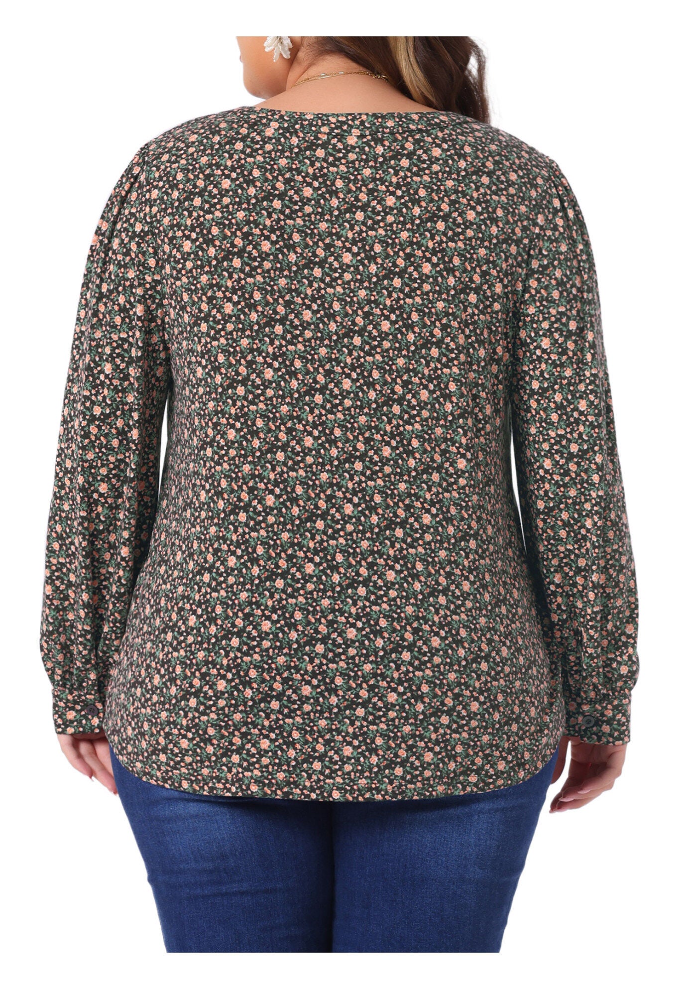 Long Sleeve Pleated Notch V Neck Floral Tunic Blouse, Brown Orange / Orange, alternate image number 3