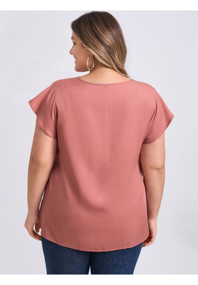 V Neck Topstitched Tucks Ruffle Short Sleeve Blouse, Coral Red / Coral, alternate image number 2