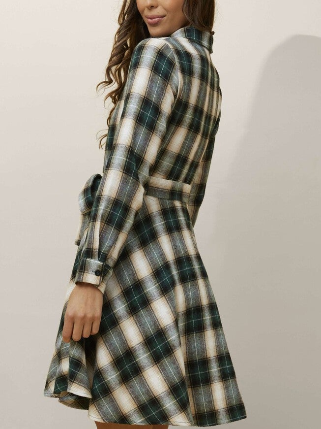 Fiona Shirt Dress Waist Tie Plaid Print Green, Green / Olive Green, alternate image number 4