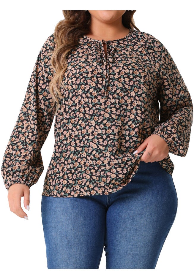 Round Neck Drawstring Long Sleeve Floral Blouse, Black / Black, alternate image number 2
