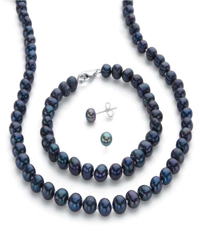 Genuine Black Cultured Pearl Silvertone Earring, Necklace and Bracelet Set 18 inches, Black / Black, hi-res image number null