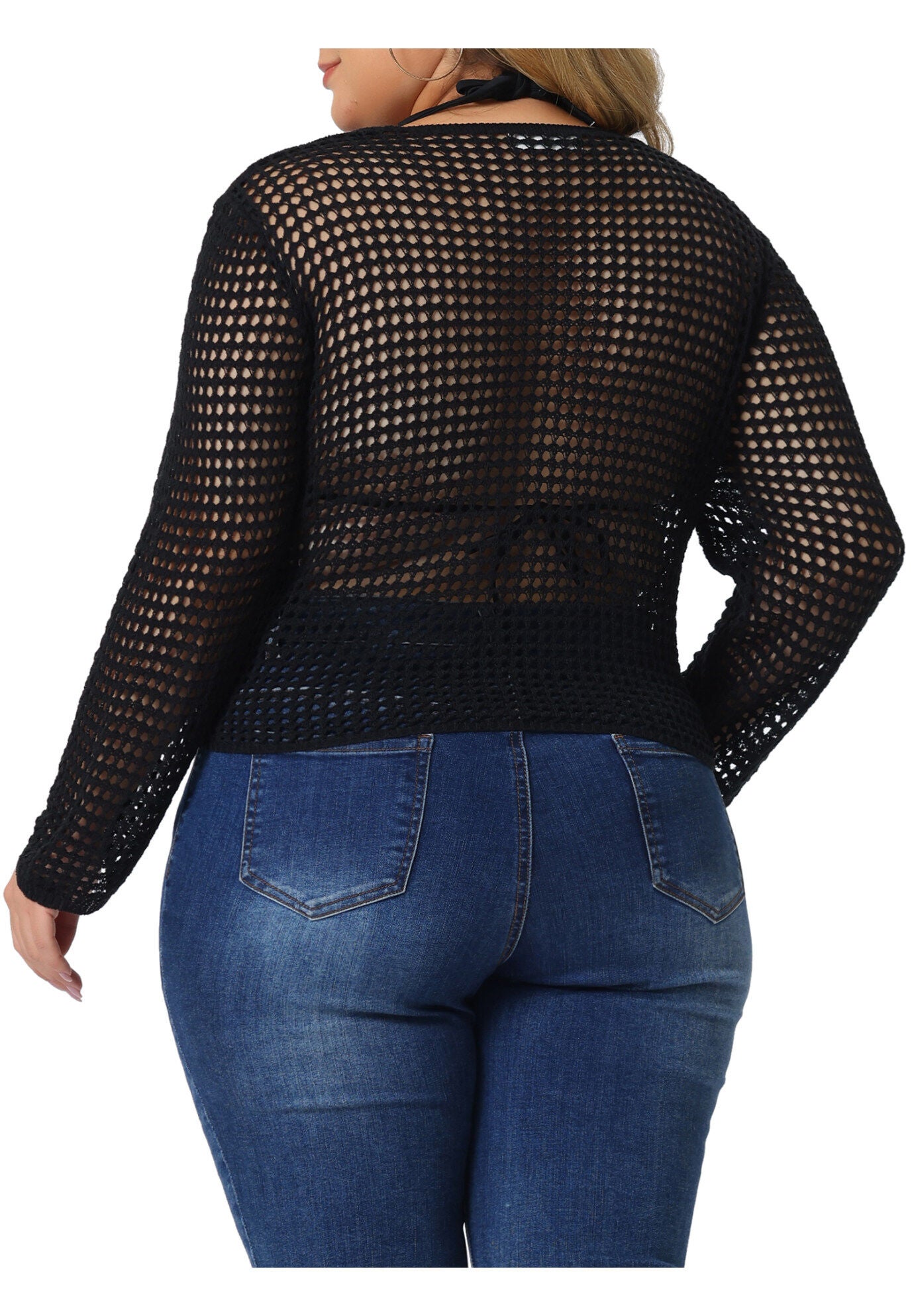 Mesh Crochet Crop Top Hollow Out Knit See Through Cover Up, Black / Black, alternate image number 2